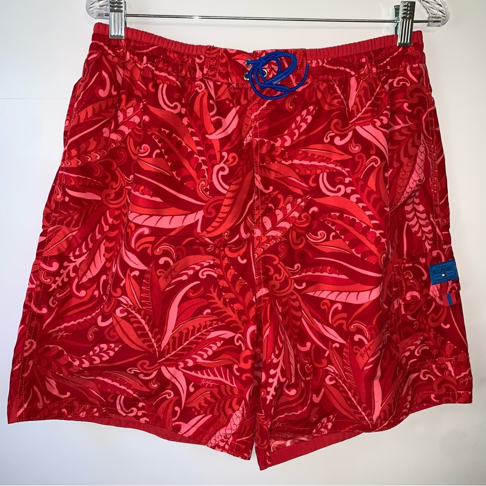 VTG Tommy Hilfiger Swim Trunks Shorts Mens L Red Pockets Lined Tropical Vacation